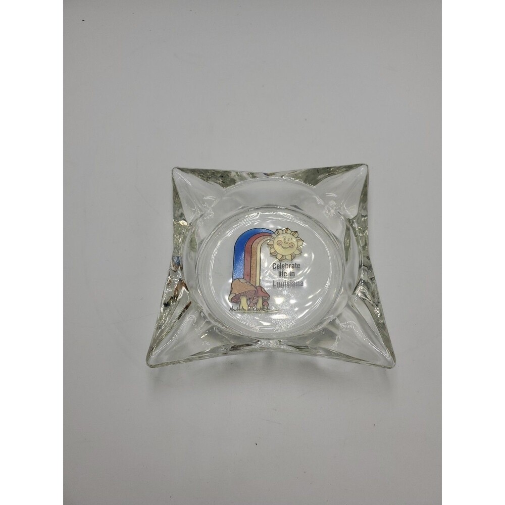 Vtg Clear Glass Celebrate Life InLouisiana Souvenir Ashtray Rainbow Mushroom Sun